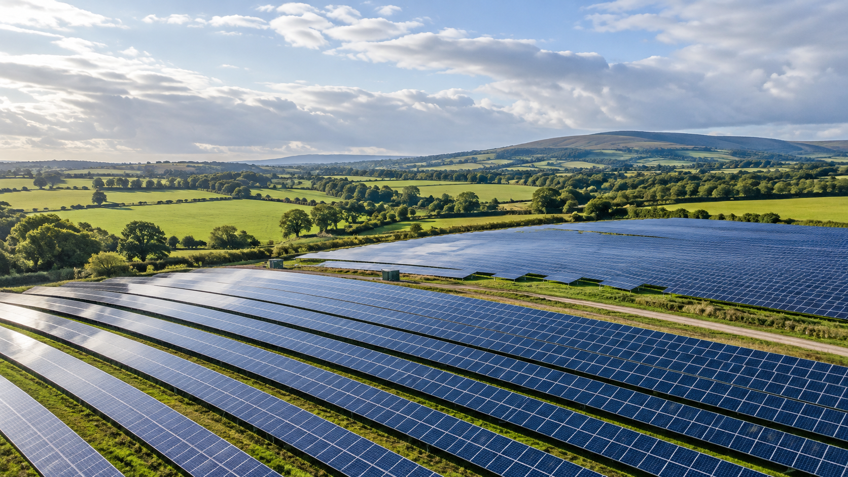 Rows of solar panels across green British countryside